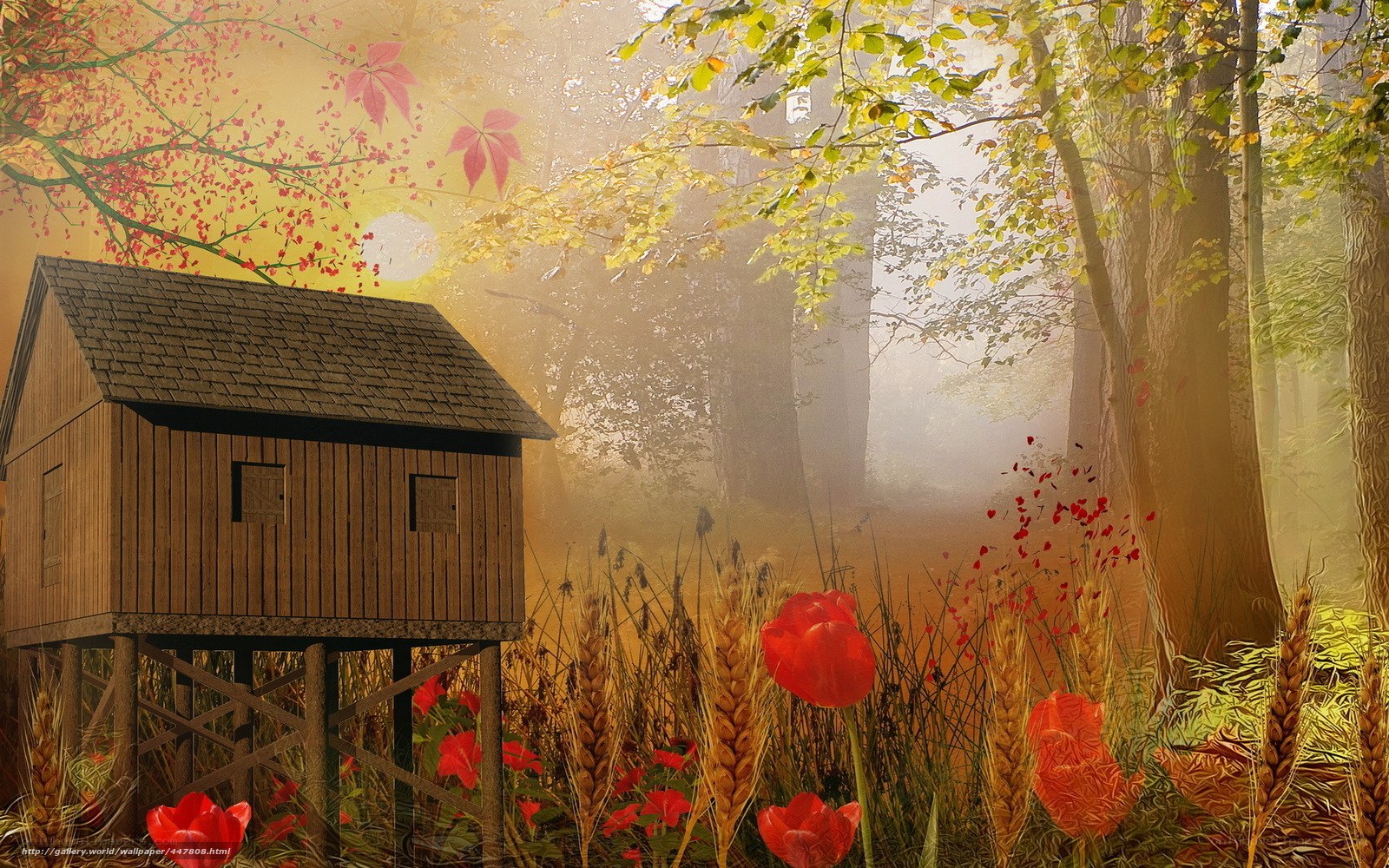 Forest cabin in autumn mist