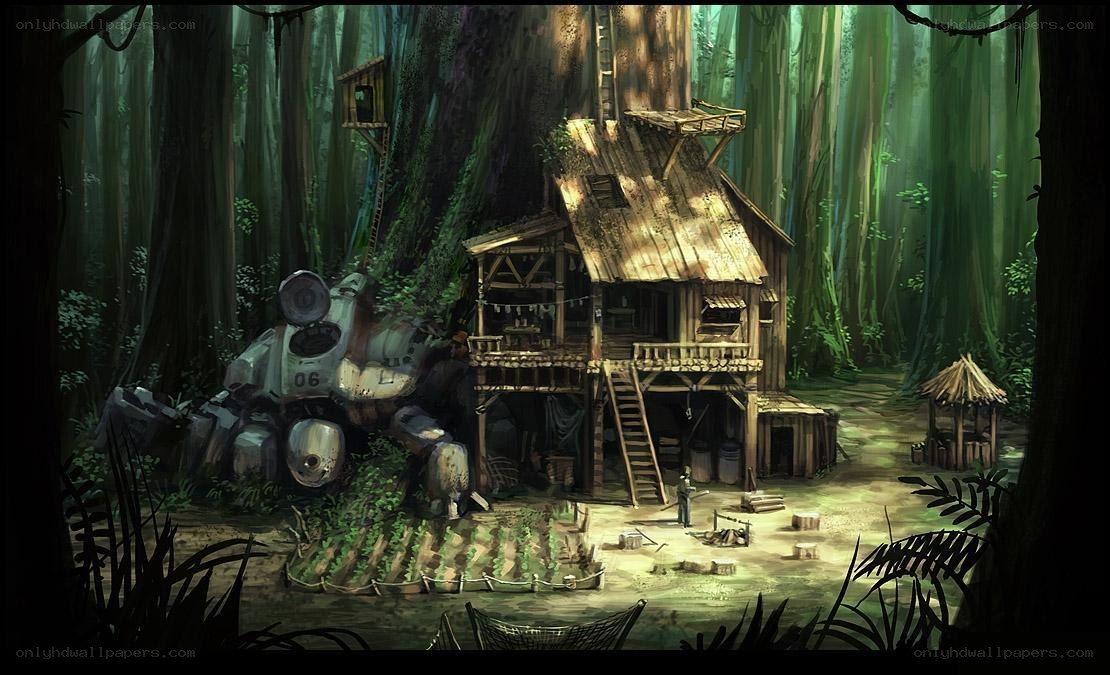 Forest cabin with robot companion
