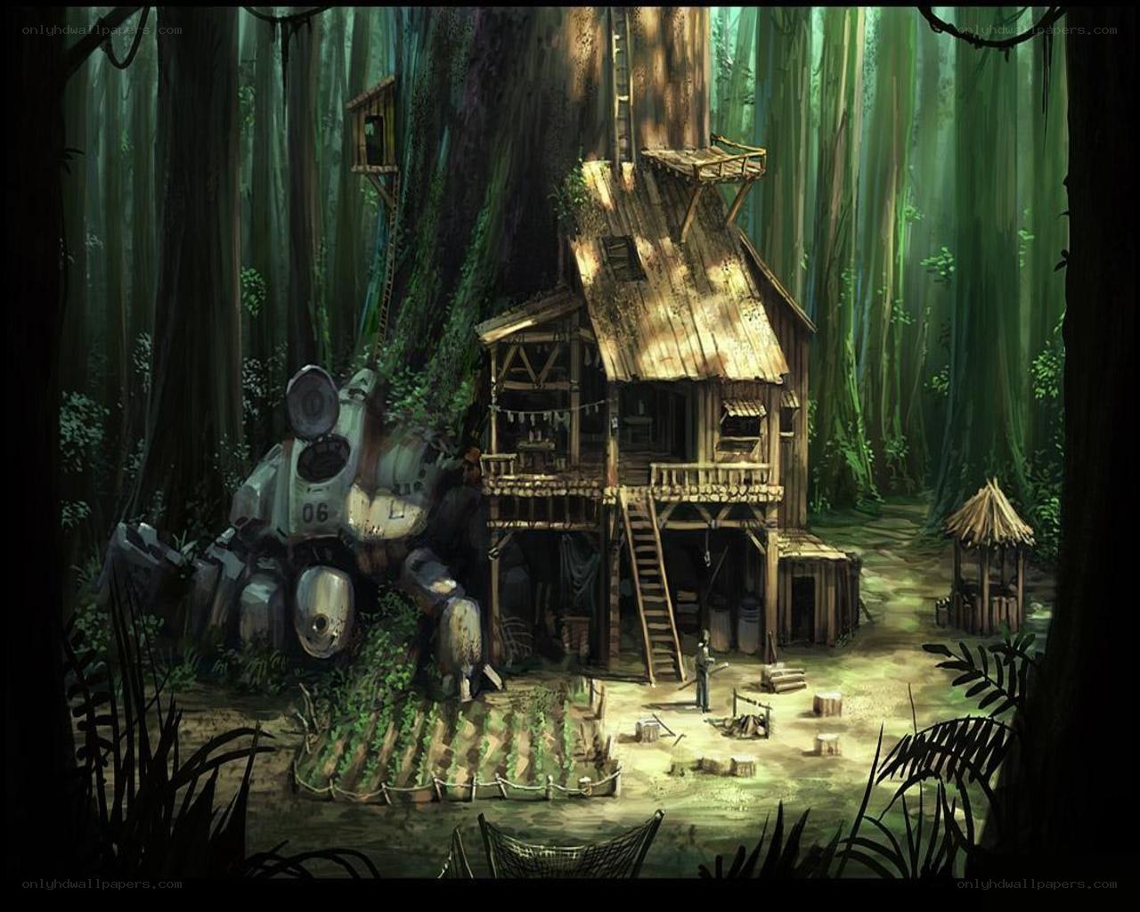 Forest cabin with robot