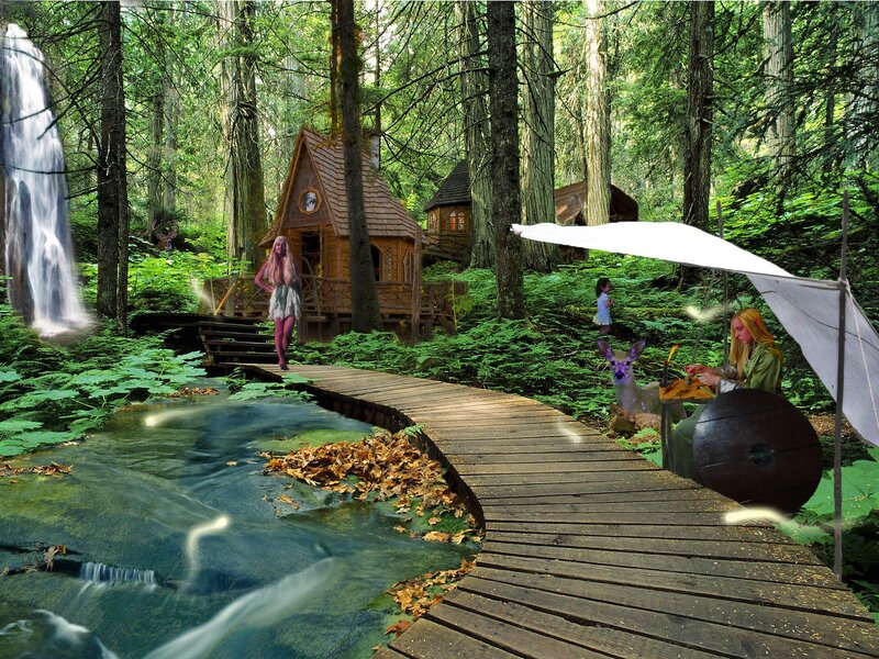 Forest cabin with waterfall