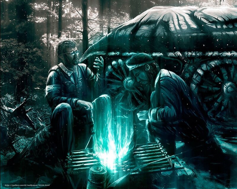 Forest camp with glowing fire