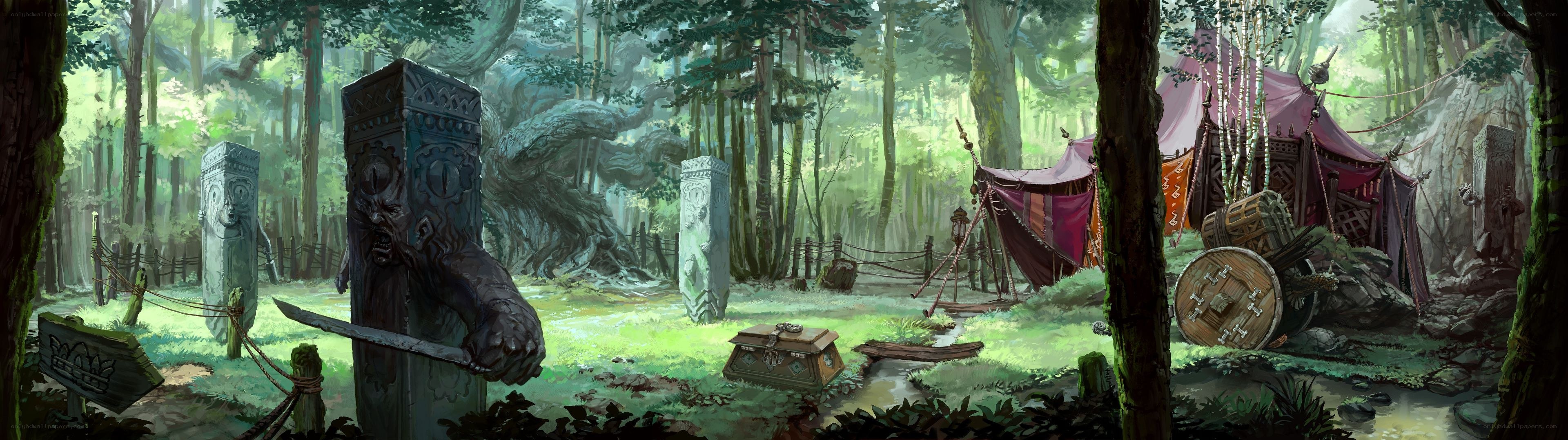 Forest camp with stone statues
