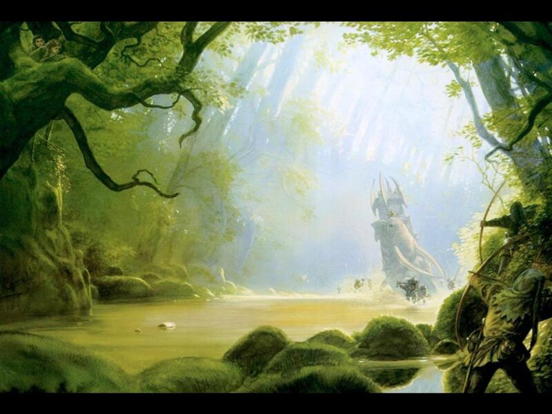 Forest clearing with ancient statue