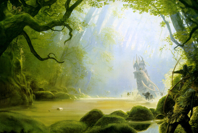 Forest clearing with ancient tower