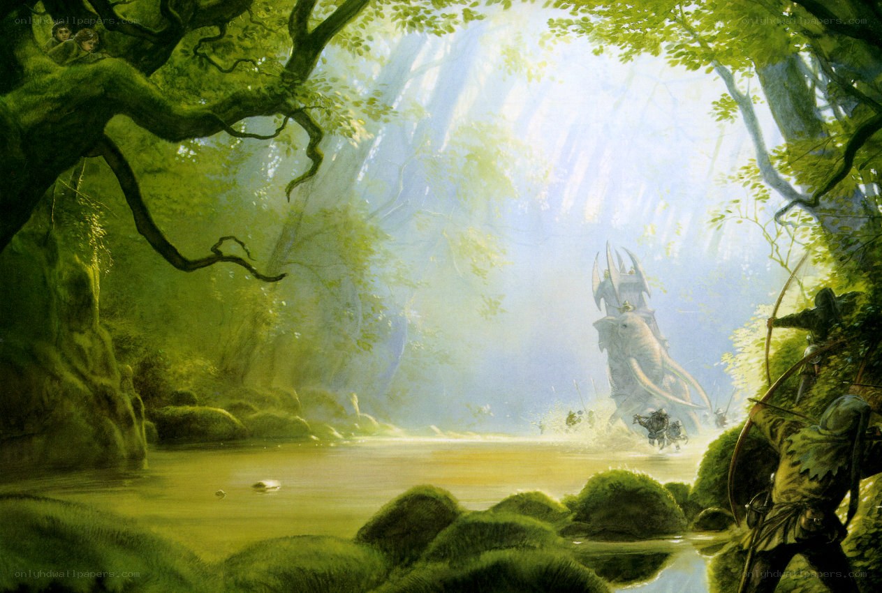Forest clearing with ancient tower