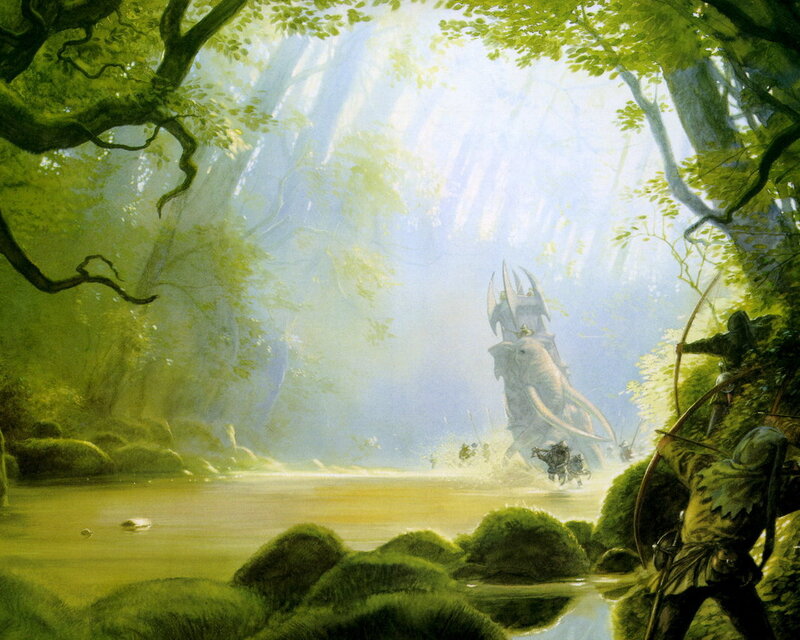 Forest clearing with ancient tower