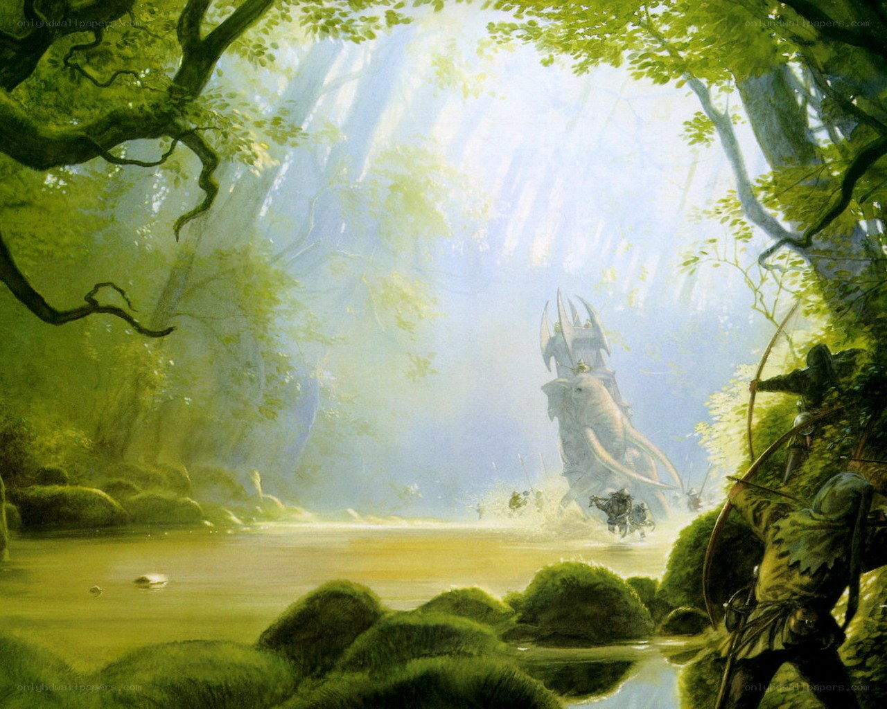 Forest clearing with ancient tower