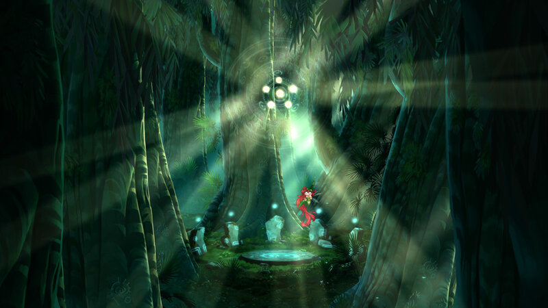 forest clearing with glowing lights