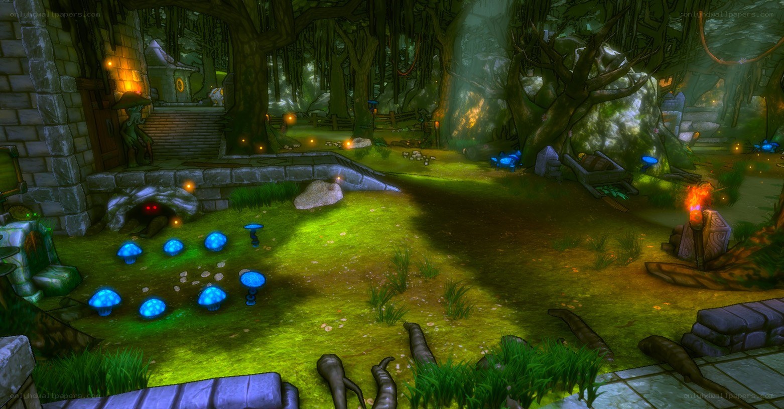 forest clearing with glowing mushrooms