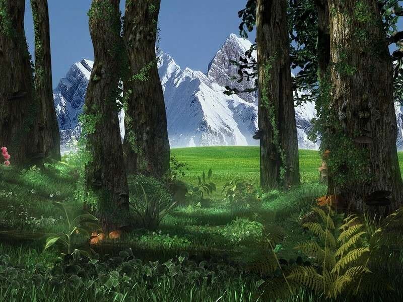 Forest Clearing with Mountains — Green