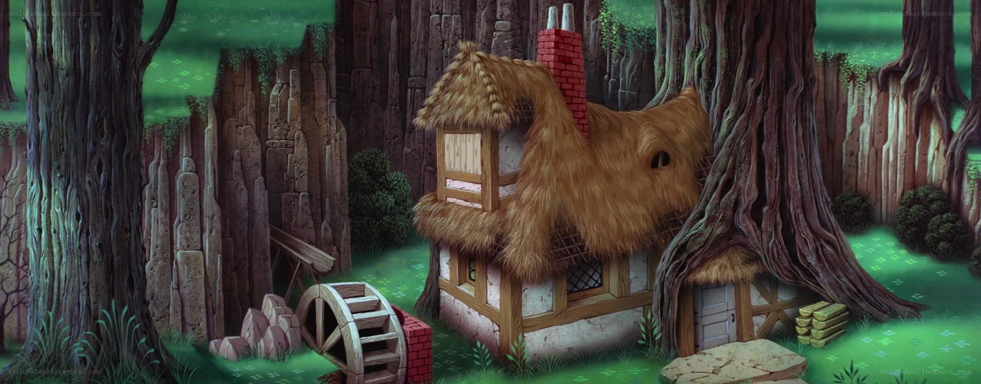 forest cottage with waterwheel