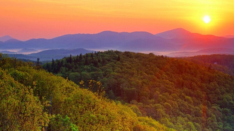 Forest-covered Hills at Sunset — Orange, Serene, Photograph