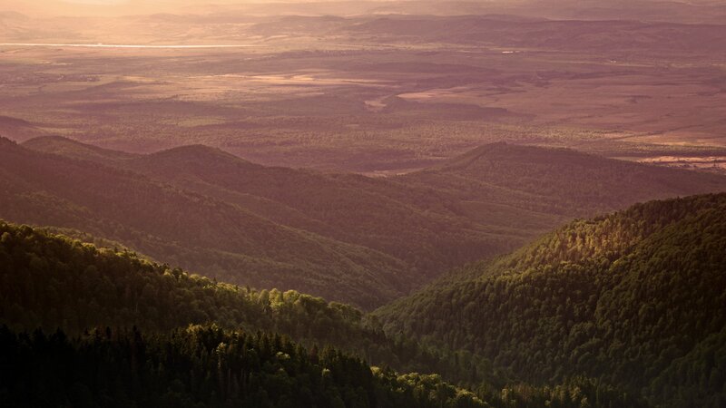 Forest-covered Hills — Green, Serene, Sunset, Photograph, Valley, Mountains