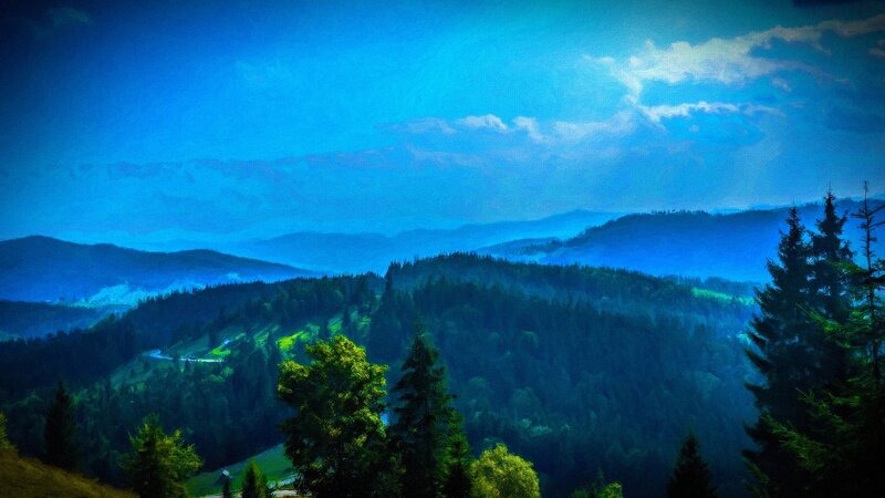 Forest-covered Mountains — Blue, Serene