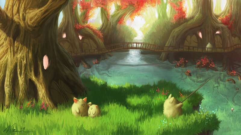 Forest creatures by a river