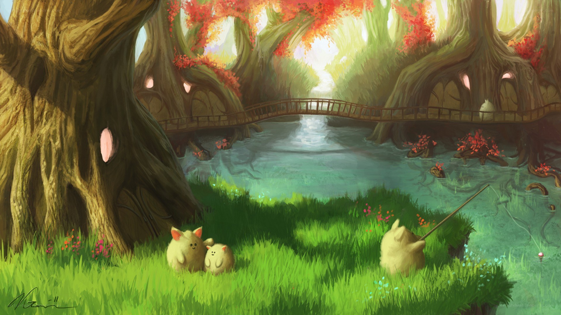 Forest creatures by a river