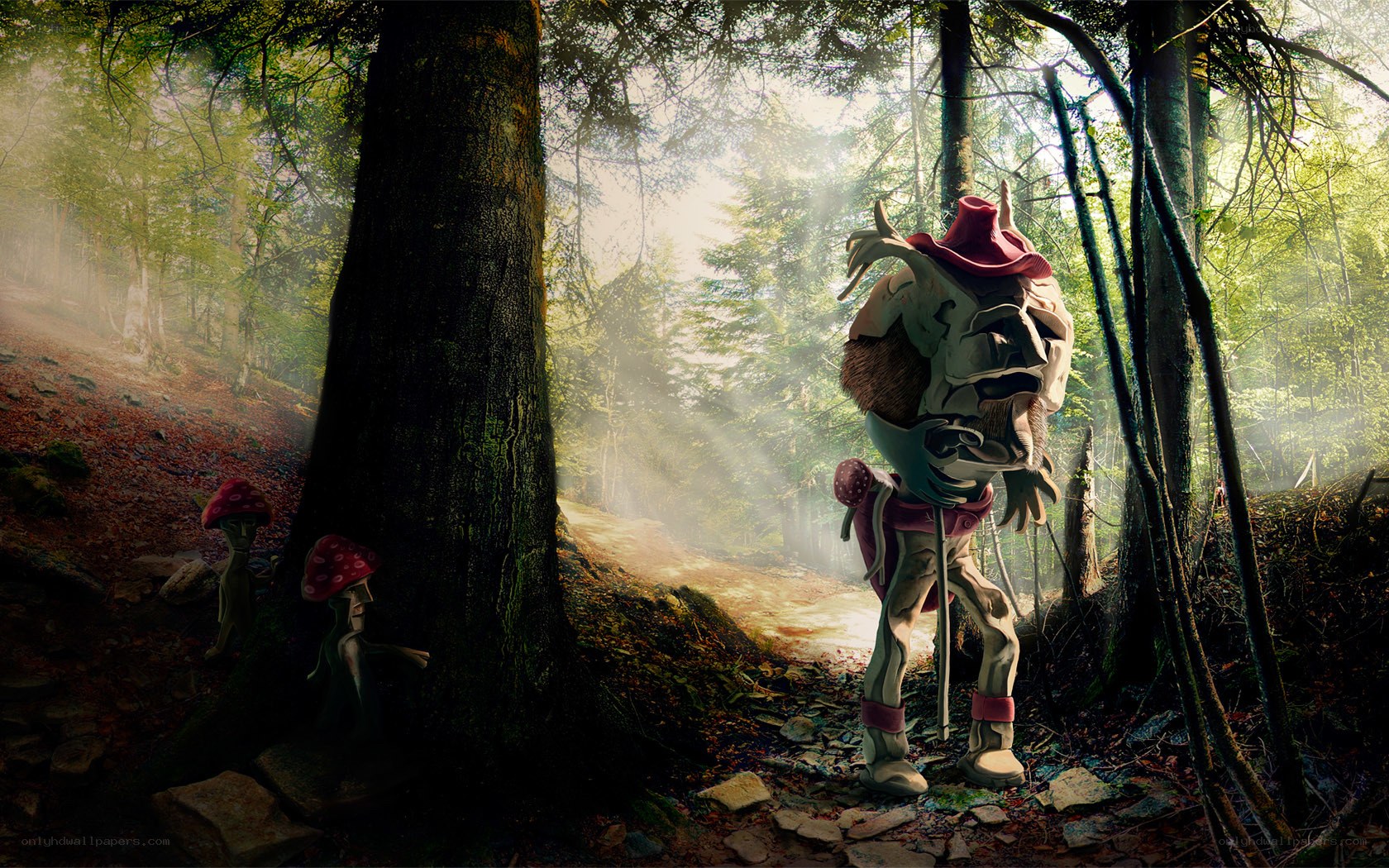 Forest creatures in misty woods