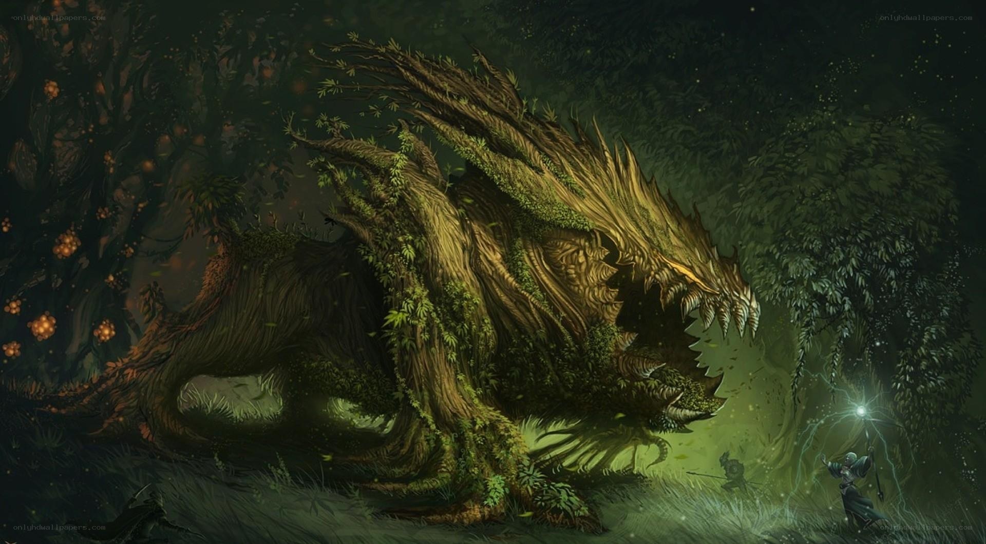 Forest dragon confronts spellcaster
