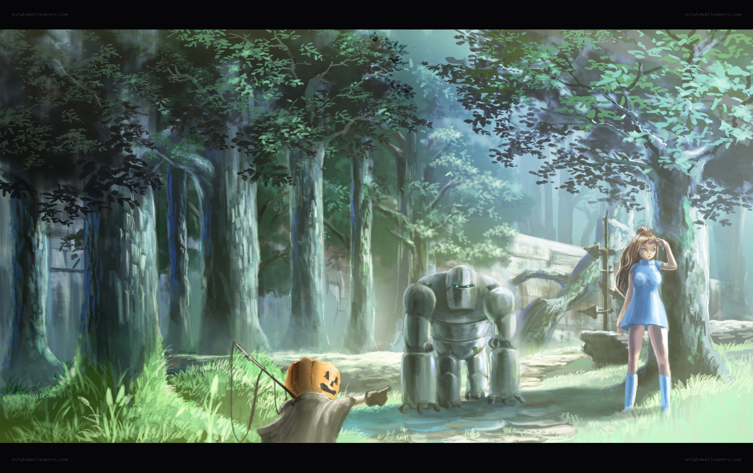 Forest encounter with robot and girl