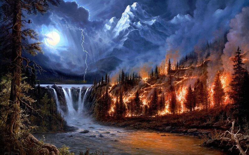 Forest Fire at Night — Blue, Dramatic, Painting, Mountain, Waterfall, Lightning, Orange