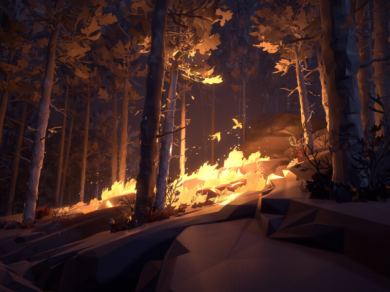 Forest Fire at Night — Orange, Dramatic, Digital Art