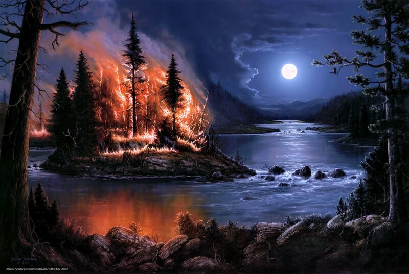 Forest Fire on Island — Blue, Dramatic, Night