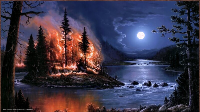Forest Fire on Island — Blue, Dramatic