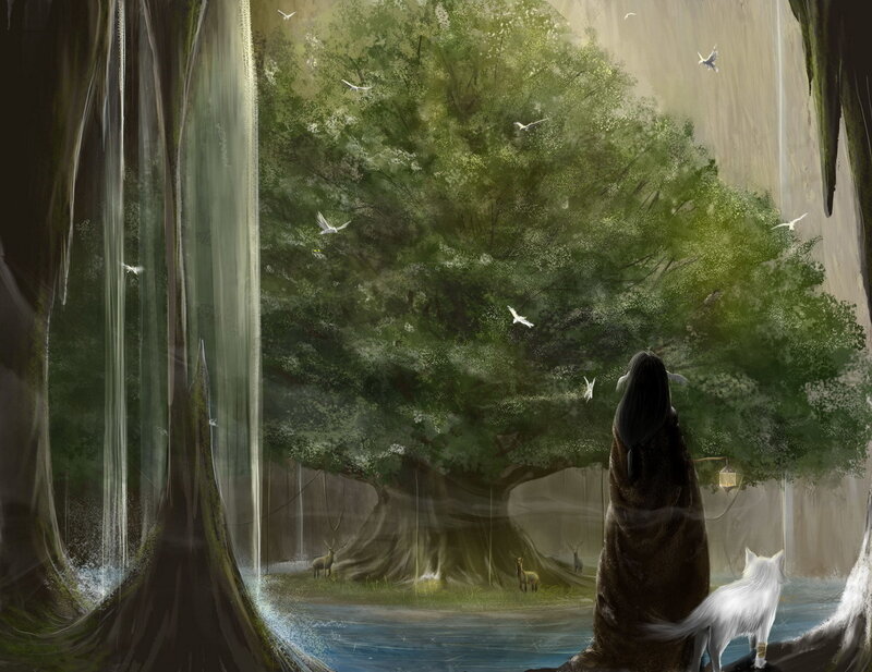Forest guardian with white wolf