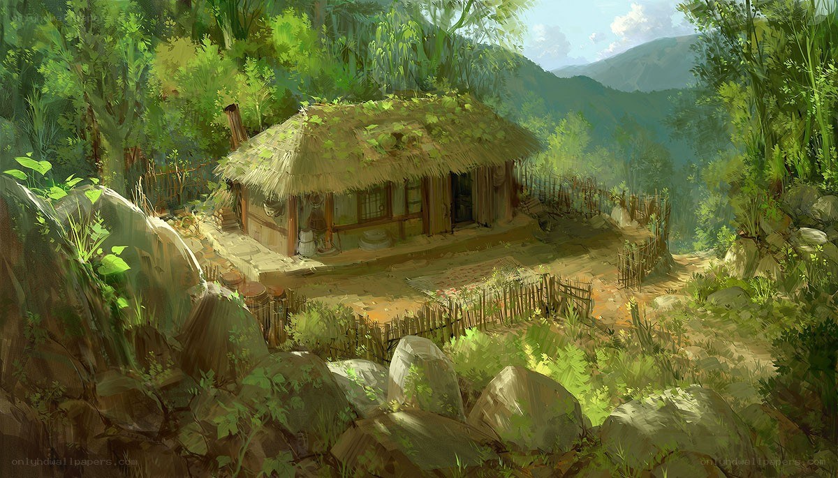 Forest hut in mountain valley