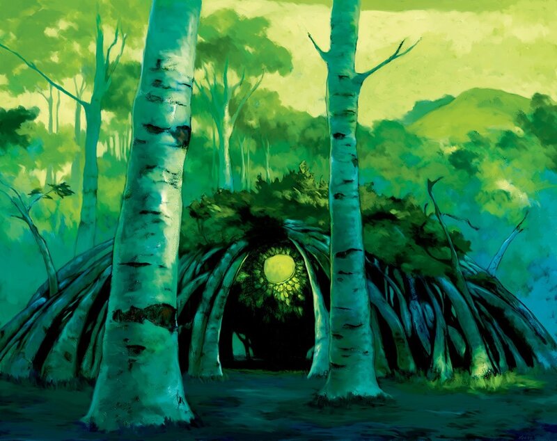Forest hut with glowing entrance