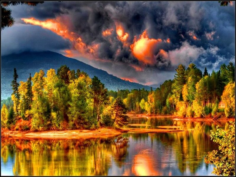 Forest Lake at Sunset — Orange, Dramatic, Photograph, Mountain