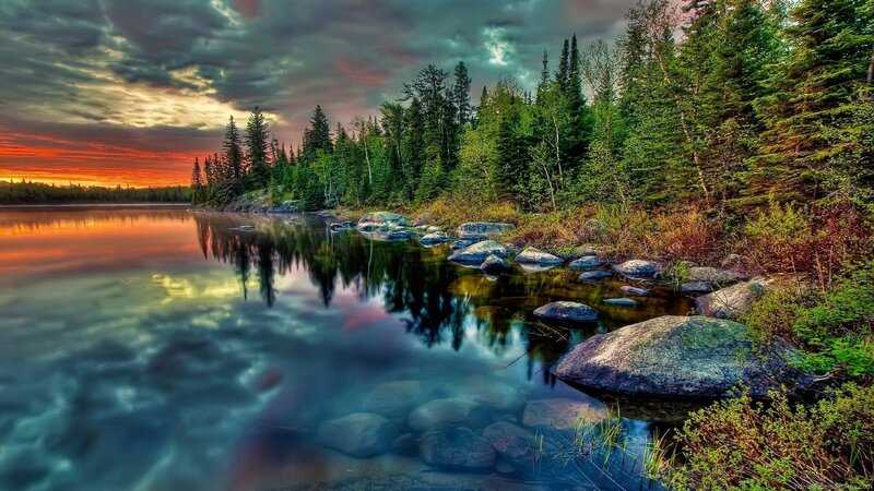 Forest Lake at Sunset — Orange, Dramatic, Photograph