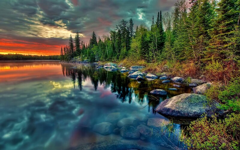 Forest Lake at Sunset — Orange, Dramatic, Photograph, Trees, Rocks, Sky