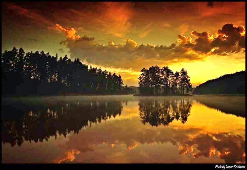 Forest Lake at Sunset — Orange, Serene, Photograph