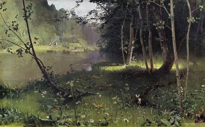 Forest Lake Landscape — Green, Serene, Afternoon, Painting, Trees