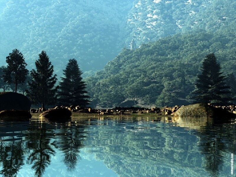 Forest Lake Reflection — Blue, Serene, Morning, Digital Art