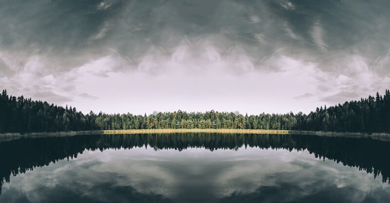 Forest Lake Reflection — Green, Dramatic, Photograph, Trees, Clouds, Water