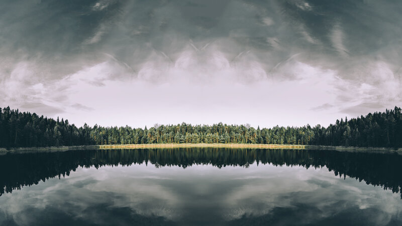 Forest Lake Reflection — Green, Serene, Photograph, Trees, Clouds