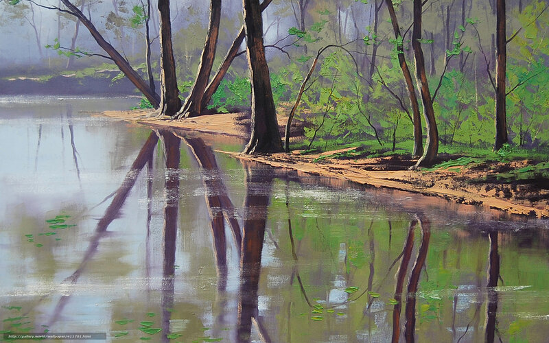 Forest lake reflection painting