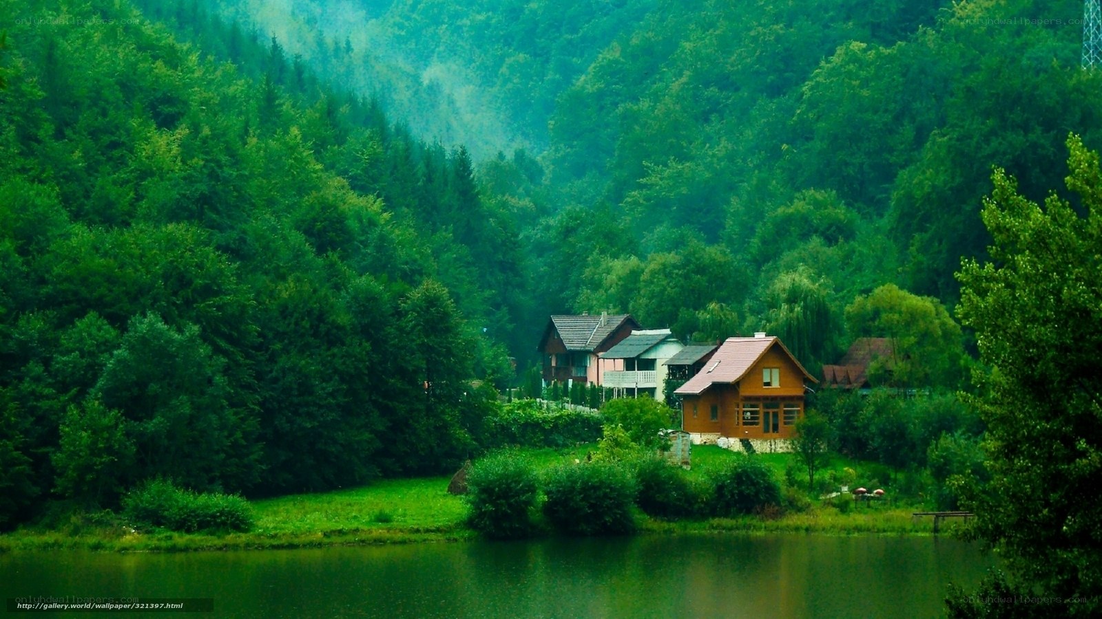 Forest lake village scene