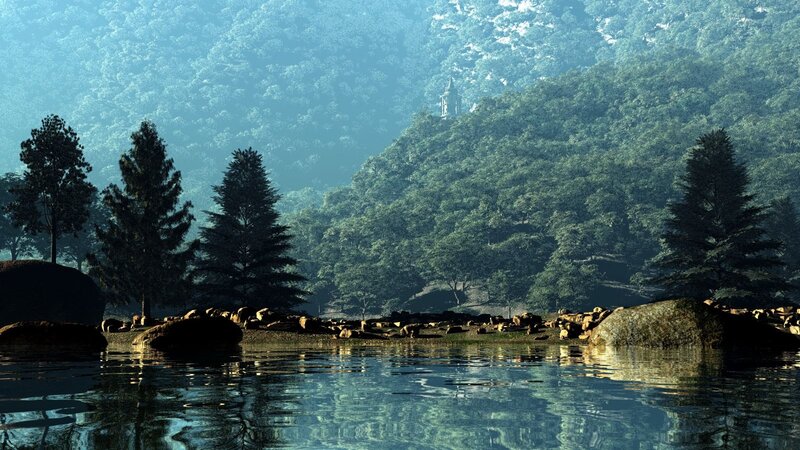 Forest lake with distant tower