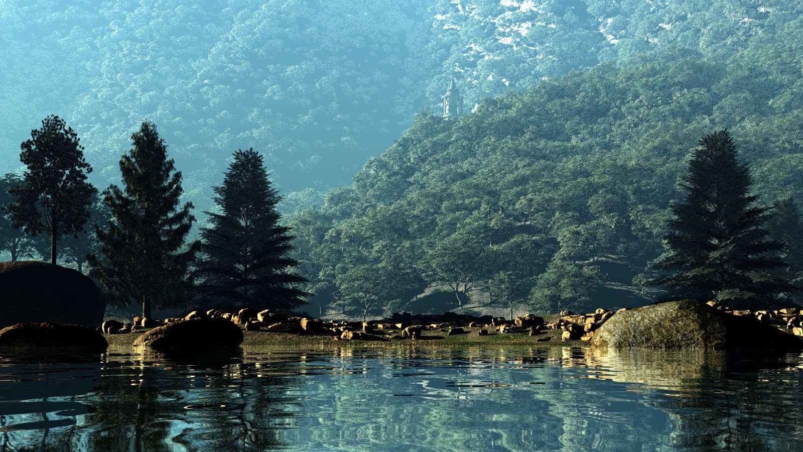 Forest lake with distant tower