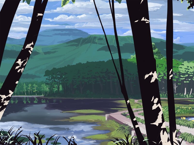Forest lake with mountains