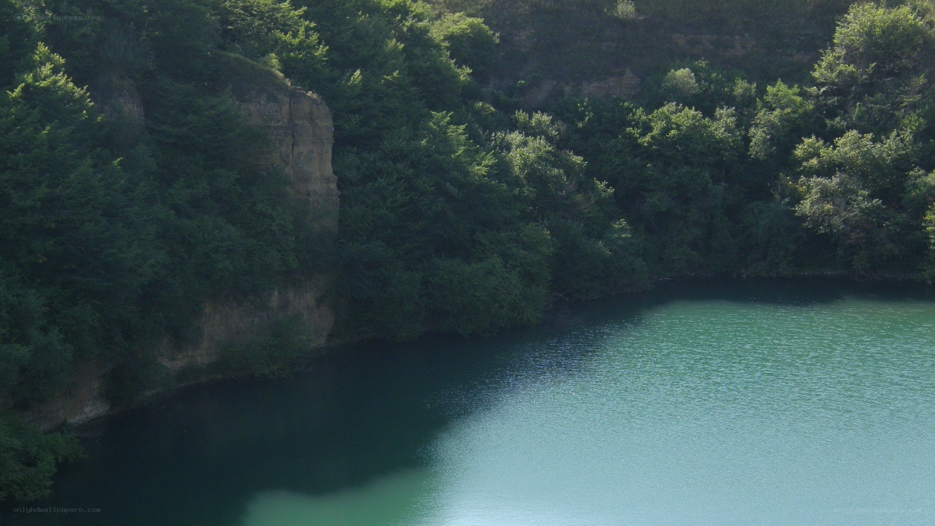 Forest lake with rocky cliff