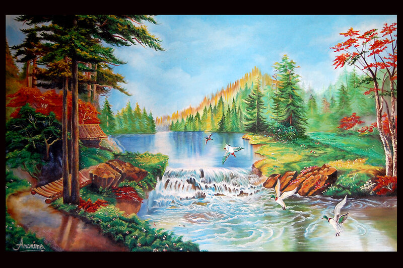 Forest Lake with Waterfall — Green