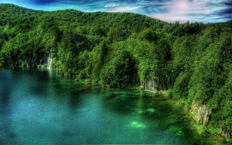 Forest lake with waterfalls
