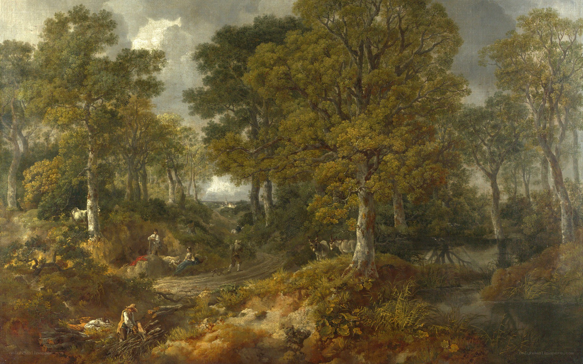 Forest landscape with travelers