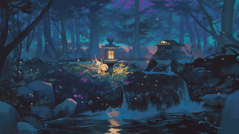 Forest Lantern and Waterfall