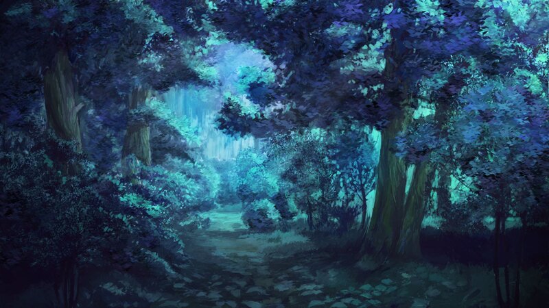 Forest Path at Night — Blue, Mysterious, Digital Art, Trees