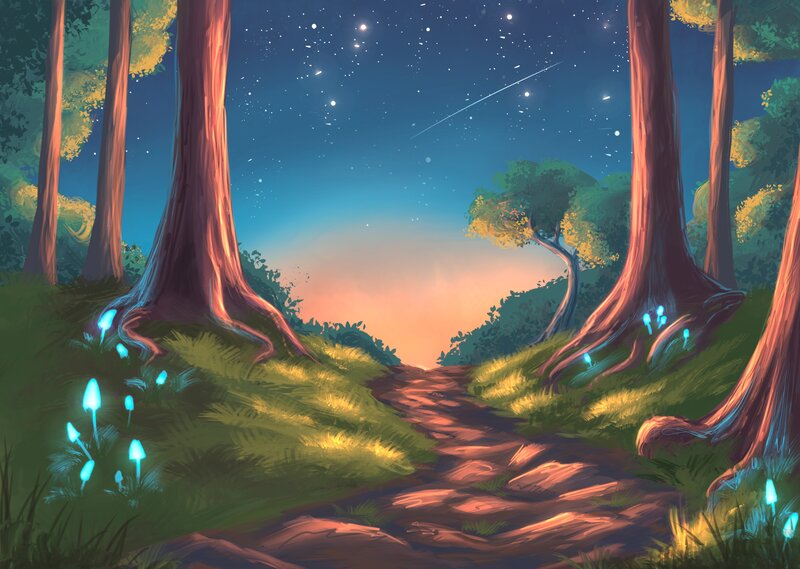 Forest Path at Night — Blue, Serene